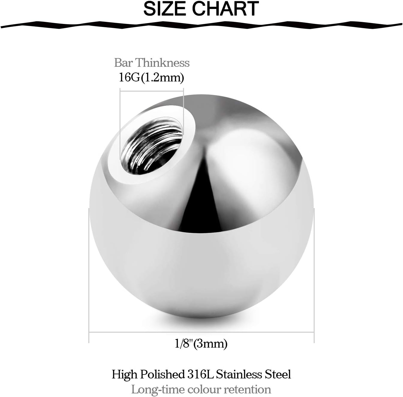 Boules de Rechange pour Piercing Lèvre Labret Septum Helix Tragus Oreille Anneaux Goujons Acier Chirurgical 16G 3mm Piercing 5 Couleurs