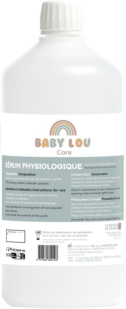 Sérum Physiologique bouteille 6x1L - NaCl 0,9% - Fabriqué en France - Lavage des fosses nasales - Hygiène du nez - Pour irragation externe