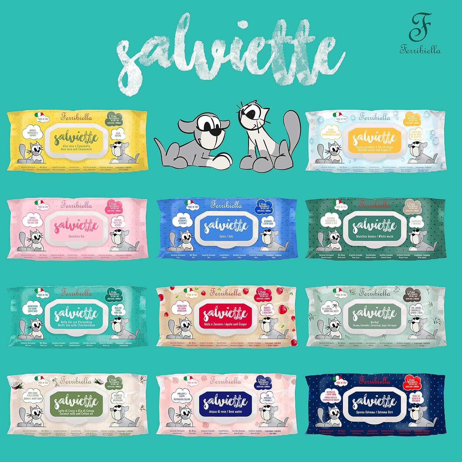 Ferribiella Lingettes humides pour Chats et Chiens – Musc Blanc, rafraîchissantes et Tonifiantes, nettoient et polissent en Douceur Le Pelage – 12 Paquets de 40 Grandes lingettes