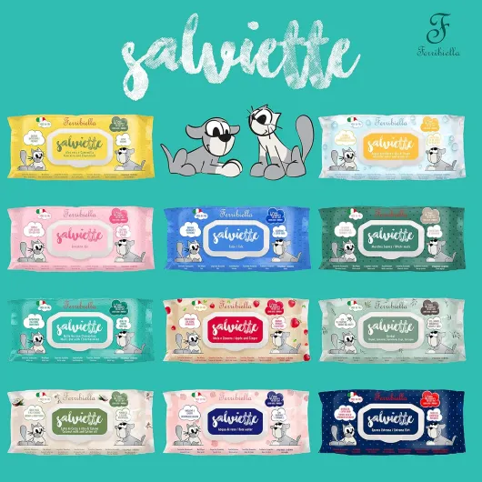 Ferribiella Lingettes humides pour Chats et Chiens – Musc Blanc, rafraîchissantes et Tonifiantes, nettoient et polissent en Douceur Le Pelage – 12 Paquets de 40 Grandes lingettes