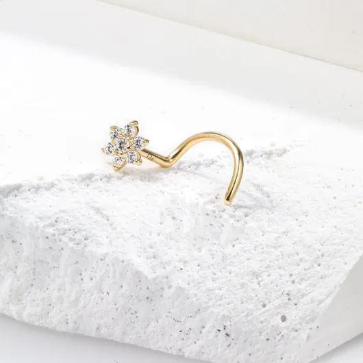 CM Crareesi Mania Piercing de nez en or jaune massif 14 carats calibre 20 avec fleur en zircone cubique serti de diamants de 4 mm en forme de L pour femme et homme Vis de nez.
