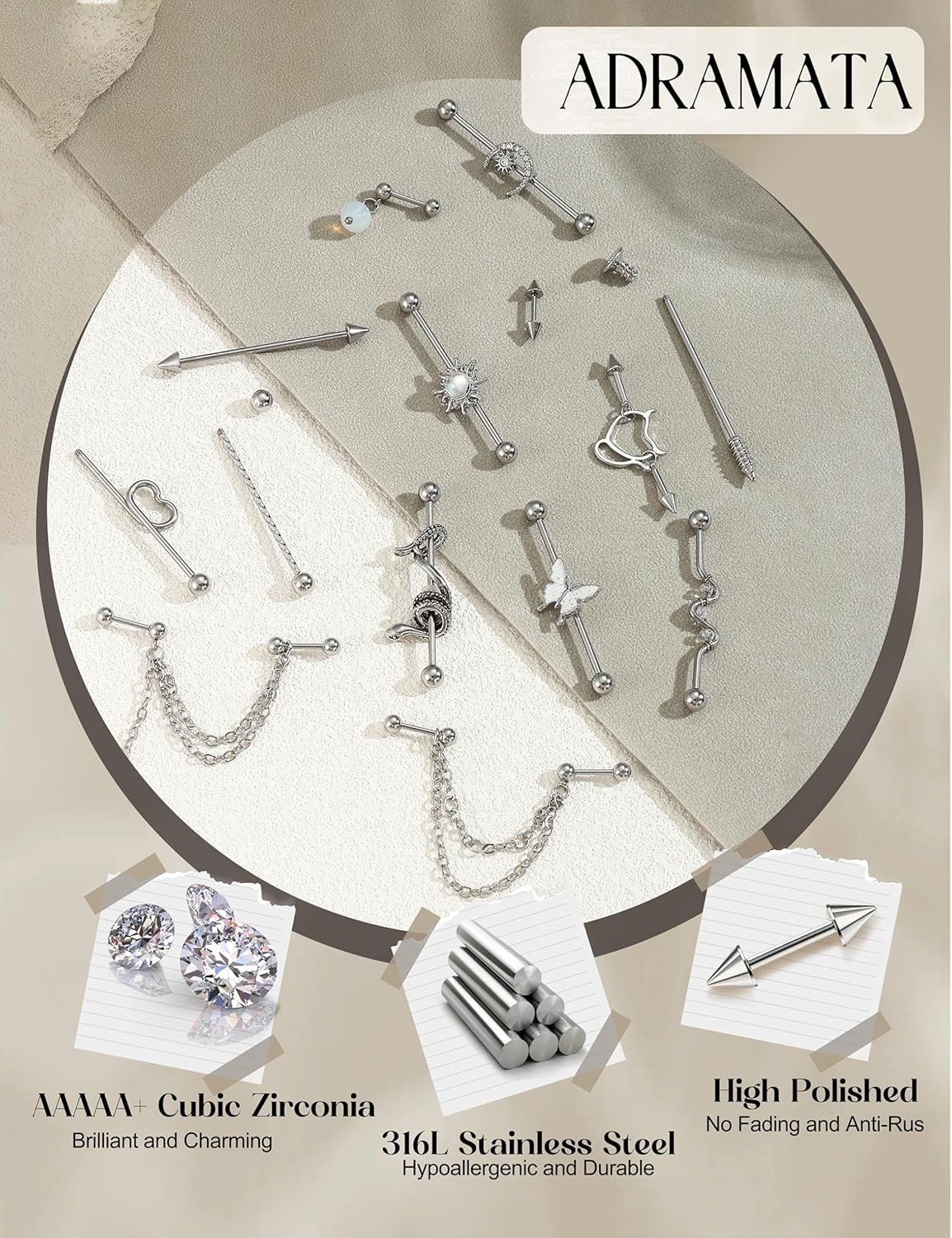 Piercing Industriel 14G 16G en Acier Chirurgical - Boucles d'Oreilles pour Cartilage, Helix - Bijoux Or et Argent B-14Pcs-Argent