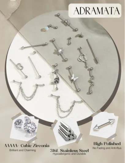 Piercing Industriel 14G 16G en Acier Chirurgical - Boucles d'Oreilles pour Cartilage, Helix - Bijoux Or et Argent B-14Pcs-Argent