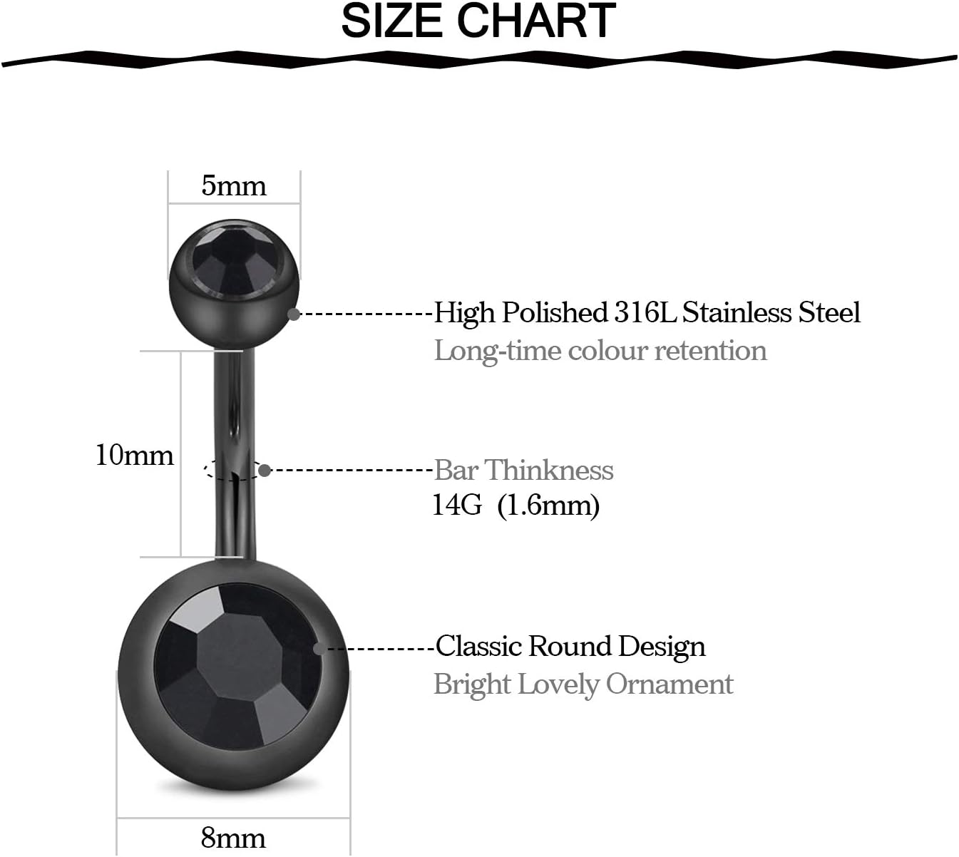 Piercing Nombril Anneaux 14G 10mm Acier Inoxydable Barres de Ventre CZ Bijoux de Piercing Noir