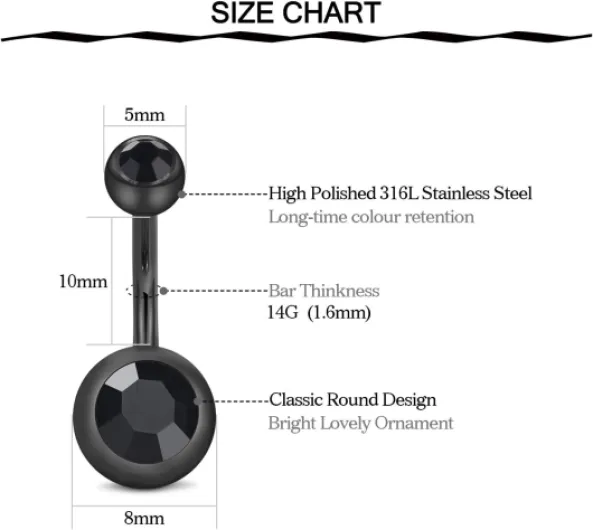 Piercing Nombril Anneaux 14G 10mm Acier Inoxydable Barres de Ventre CZ Bijoux de Piercing Noir