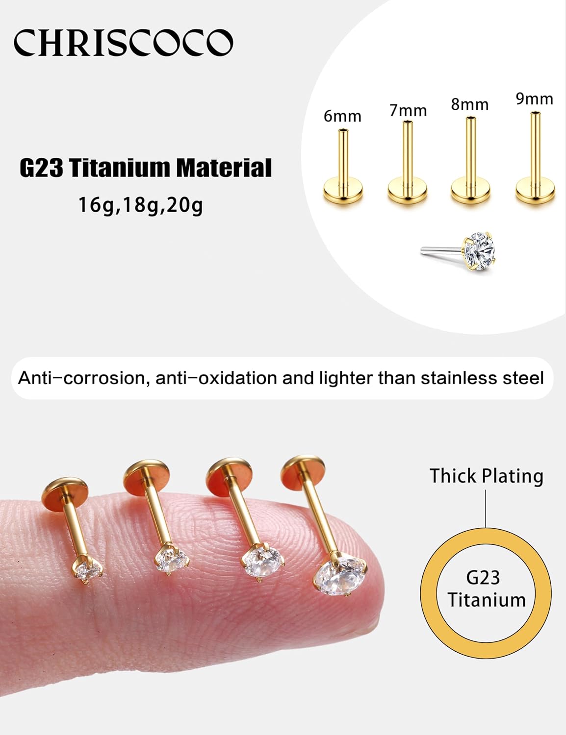 4-8 Pcs G23 Titane Piercing Oreille Piercing Nez Piercing Tragus Helix Conch CZ Piercing Labret Levre Piercing Cartilage Oreille Petit Piercing Medusa Or Argent 16G/18G/20G 8PCS-16G-G