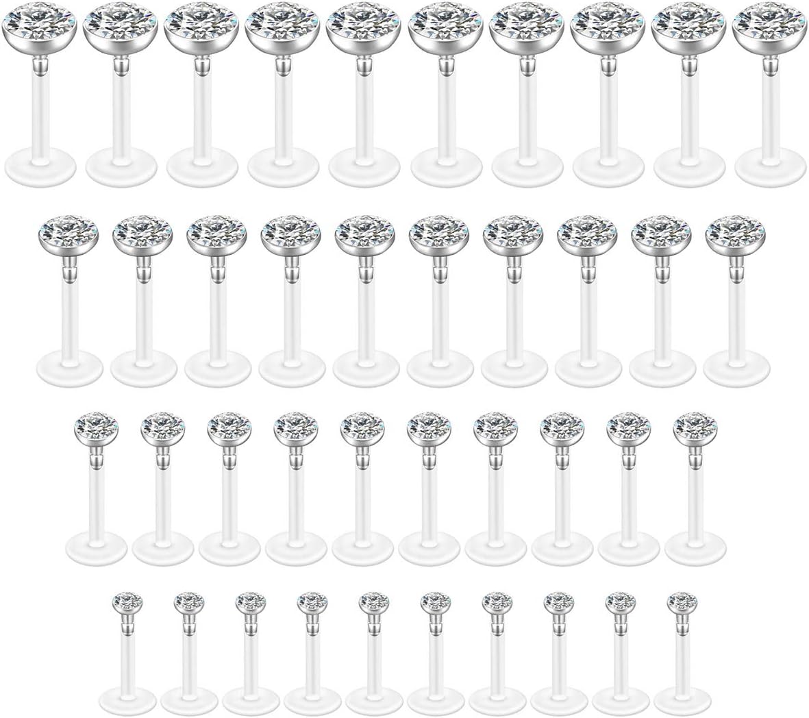 40Pcs Lot Piercing Labret Piercing Lèvre Boucles d'Oreille Tragus Cartilage Nez Studs Flexible Acrylique Cristal Strass 2mm+3mm+4mm+5mm Femme Homme Fantaisie Bijoux de Corps