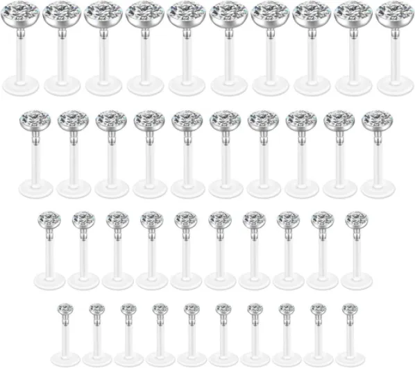 40Pcs Lot Piercing Labret Piercing Lèvre Boucles d'Oreille Tragus Cartilage Nez Studs Flexible Acrylique Cristal Strass 2mm+3mm+4mm+5mm Femme Homme Fantaisie Bijoux de Corps