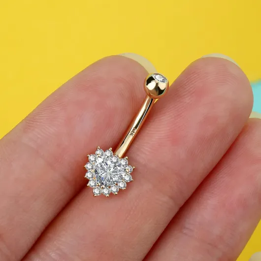 Anneau Nombril Or 14 Carats Piercing Nombril Coeur CZ Belly Piercing Bars Belly Button Ring Body Jewelry