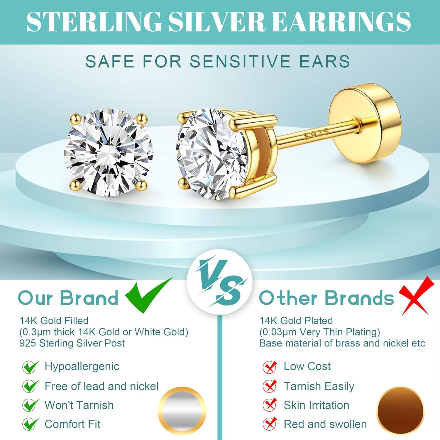 JeweBella 4 Paires Boucles d'Oreilles Femme Argent 925 Hypoallergéniques Plaqué Or 14K Petites Boucles d'Oreilles Zircone Cubique Clous d'Oreilles Femme Homme Piercing Oreille Argent/Or 2/3/4/5mm StyleA-Or