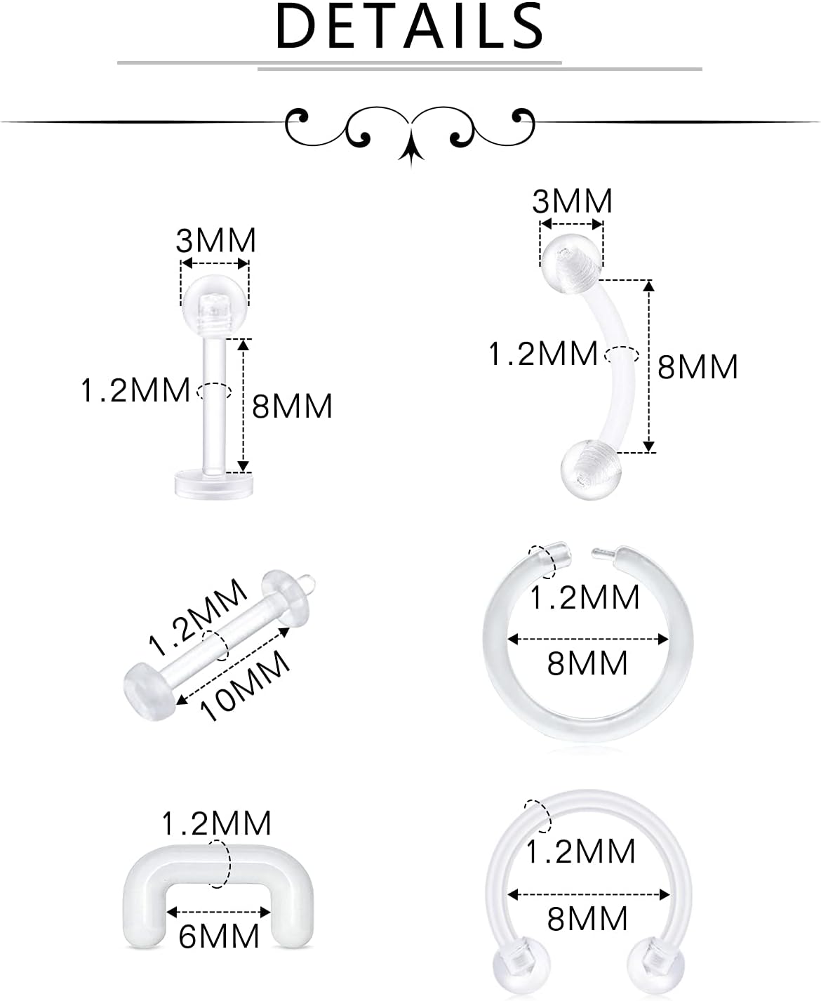 D.Bella Anneau de nez transparent, anneau de retenue de goujon de nez acrylique flexible pour anneau de Labret d'oreille de lèvre de nez, anneau en plastique Style D-30Pcs Kit