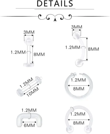 D.Bella Anneau de nez transparent, anneau de retenue de goujon de nez acrylique flexible pour anneau de Labret d'oreille de lèvre de nez, anneau en plastique Style D-30Pcs Kit