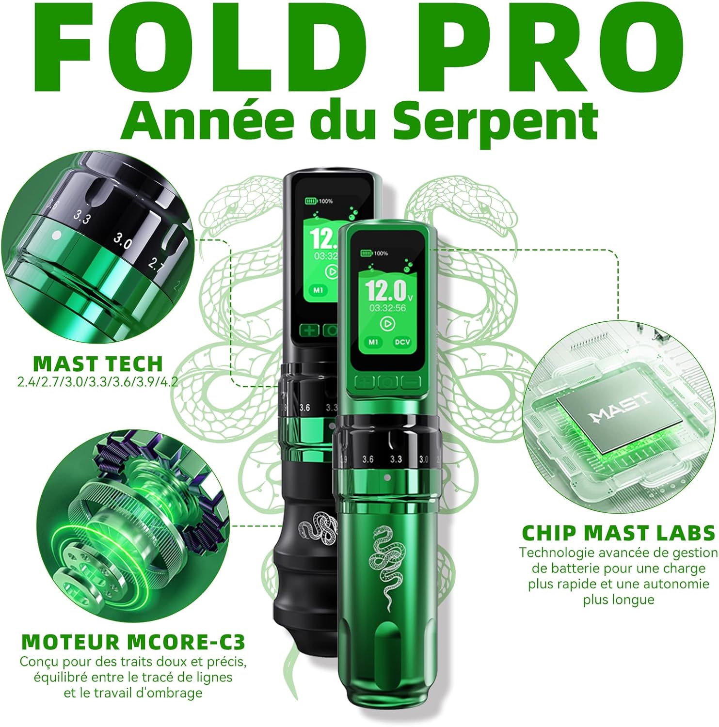 Dragonhawk Machine à Tatouer Fold Pro Year of Snake Edition Rotary Tattoo Pen Sans Fil Tattoo Gun Mcore-C3, 3000mAh avec 2 Piles