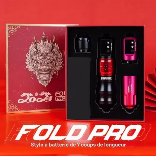 Dragonhawk Fold Pro Kit Machine à Tatouer Sans Fil avec 7 Courses Réglables (2,4-4,2 mm) et 2 Batterie 1500 mAh pour Tatoueurs Professionnels - Rouge Red - 2.4-4.2mm