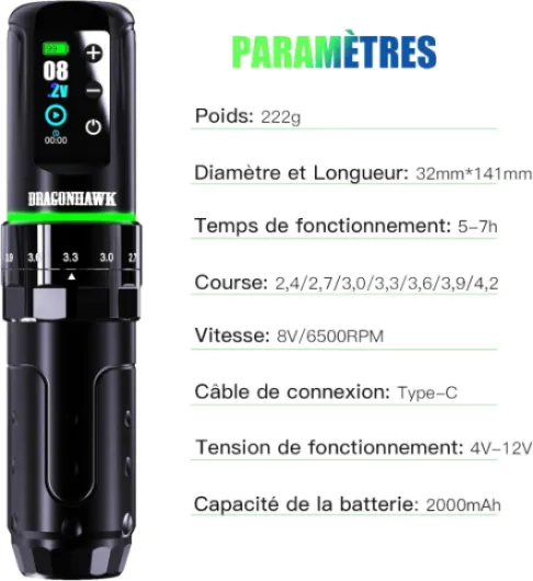 Dragonhawk L3 Kit de Tatouage, Machine à Tatouer Sans Fil avec Course 2,4-4,2 mm et Batterie 2000mAh, Imprimante à Stencil, 20 Aiguilles Cartouche pour Tatouage pour Débutants et Artistes