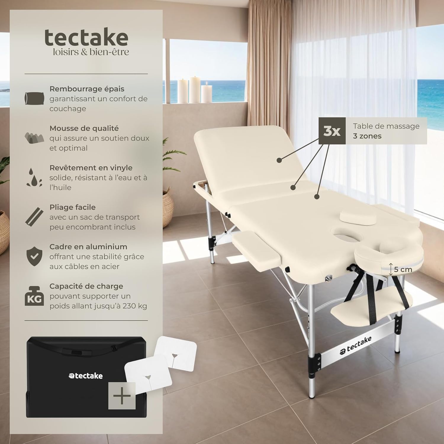 ® Table de Massage Pliante Professionnelle 3 Zones Aluminium Cosmetique Lit de Massage Table Esthetique Tatouage Portable avec Appuie-tête Amovible Repose Bras, Housse de Transport Incluse Largeur 70 cm Beige