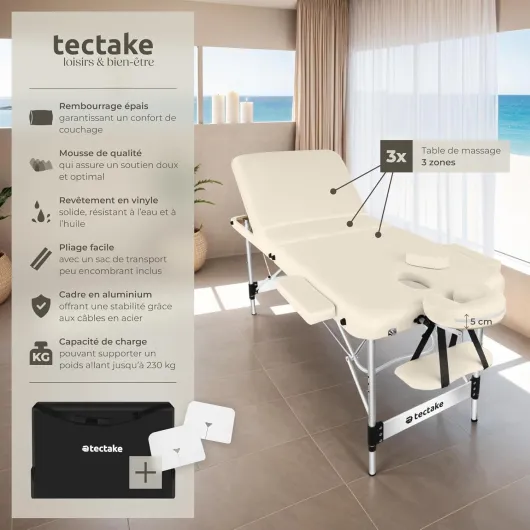 ® Table de Massage Pliante Professionnelle 3 Zones Aluminium Cosmetique Lit de Massage Table Esthetique Tatouage Portable avec Appuie-tête Amovible Repose Bras, Housse de Transport Incluse Largeur 70 cm Beige
