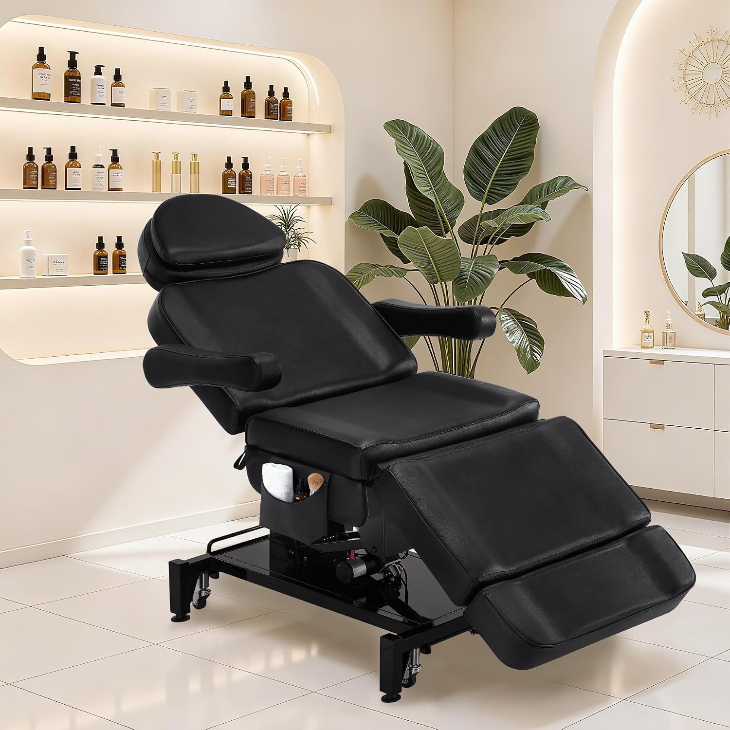 Fauteuil de beauté électrique à 3 Moteurs, lit de Massage Pliable et réglable en Hauteur 18 cm, accoudoirs pivotants à 180°, pour Salon de Spa 0754 (Noir/Cuir synthétique)