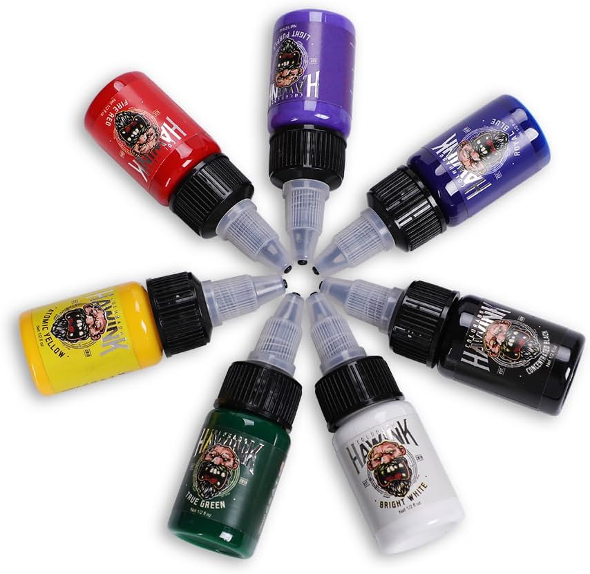 Encre Tatouage Professionnel Tattoo Ink 1/2oz (15ml) 7 Bouteilles Kit Tatouage Tinta TI203EU-15-7 noir, vert, bleu, blanc, rouge, violet, jaune