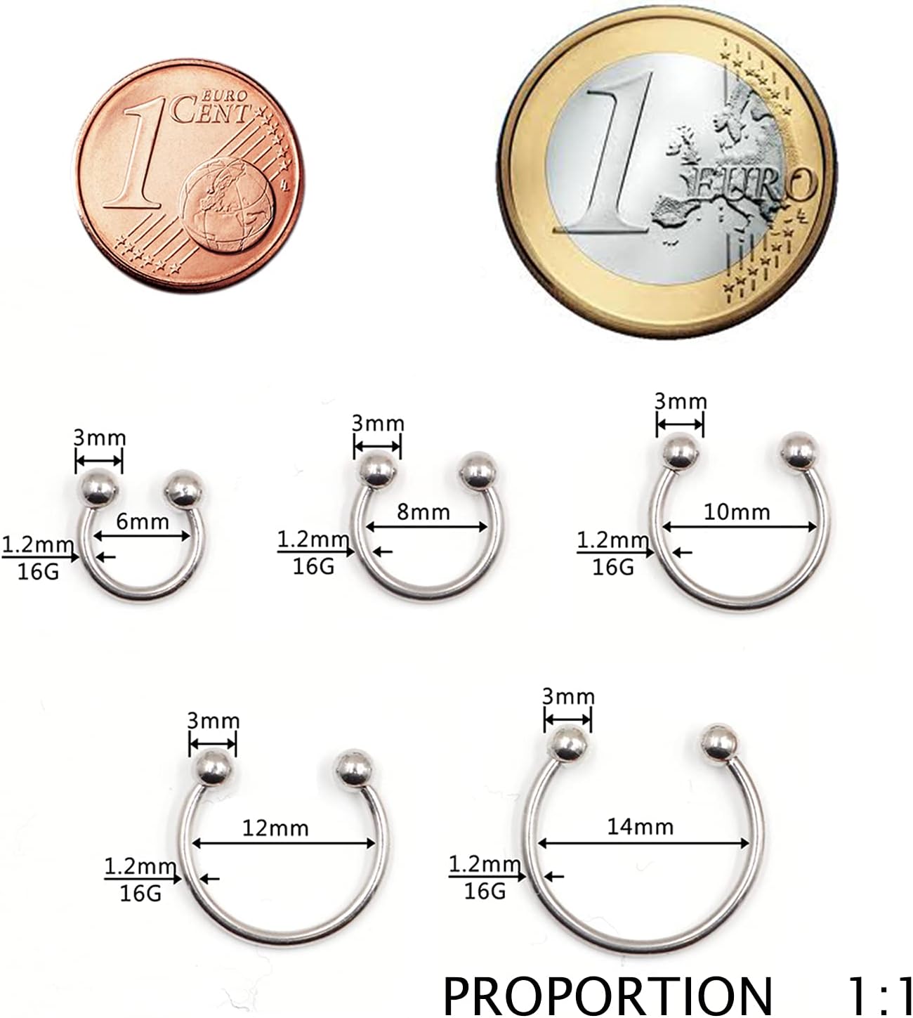 WARRIOR Piercing Fer à Cheval Circulaire/Courbé Barbell Tragus Helix Septum Oreille Stérile en Acier Chirurgical 316L 16G (1,2mm) Body Piercing Bijoux PYS-001 6 Millimètres Bijoux fantaisie