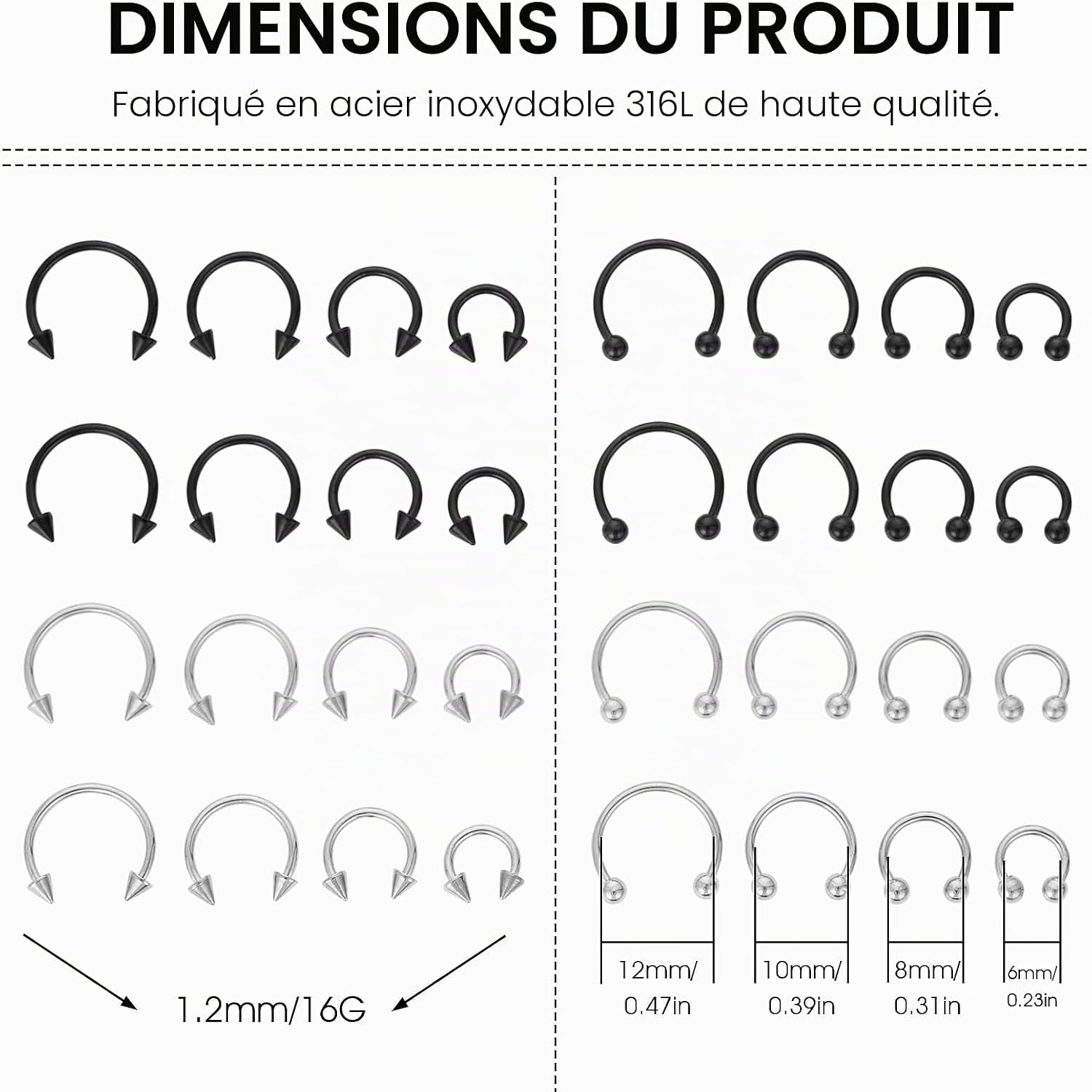 Yolev Lot de 32 anneaux fer à cheval en acier chirurgical 16 g Différentes tailles pour nez, septum, boucles d'oreilles, sourcils, lèvres, fer à cheval pour homme et femme Noir