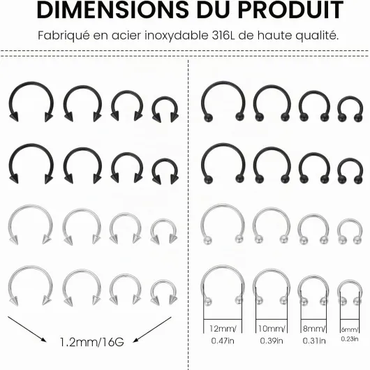 Yolev Lot de 32 anneaux fer à cheval en acier chirurgical 16 g Différentes tailles pour nez, septum, boucles d'oreilles, sourcils, lèvres, fer à cheval pour homme et femme Noir