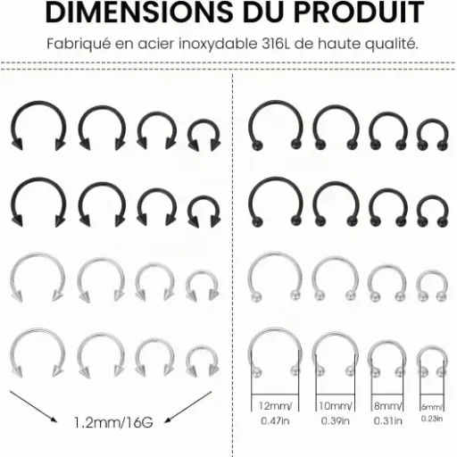Test Yolev Lot de 32 anneaux fer à cheval 16G : du stock pas cher pour tous les piercings
