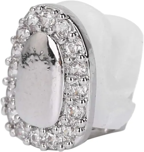 Dent unique, dents de hip hop bling plaquées or avec diamant rond Single Grillz Cap pour vos dents hommes femmes Hip Hop Bijoux Cadeau (Solitaire Portail Diamant Argent) Doré, argenté