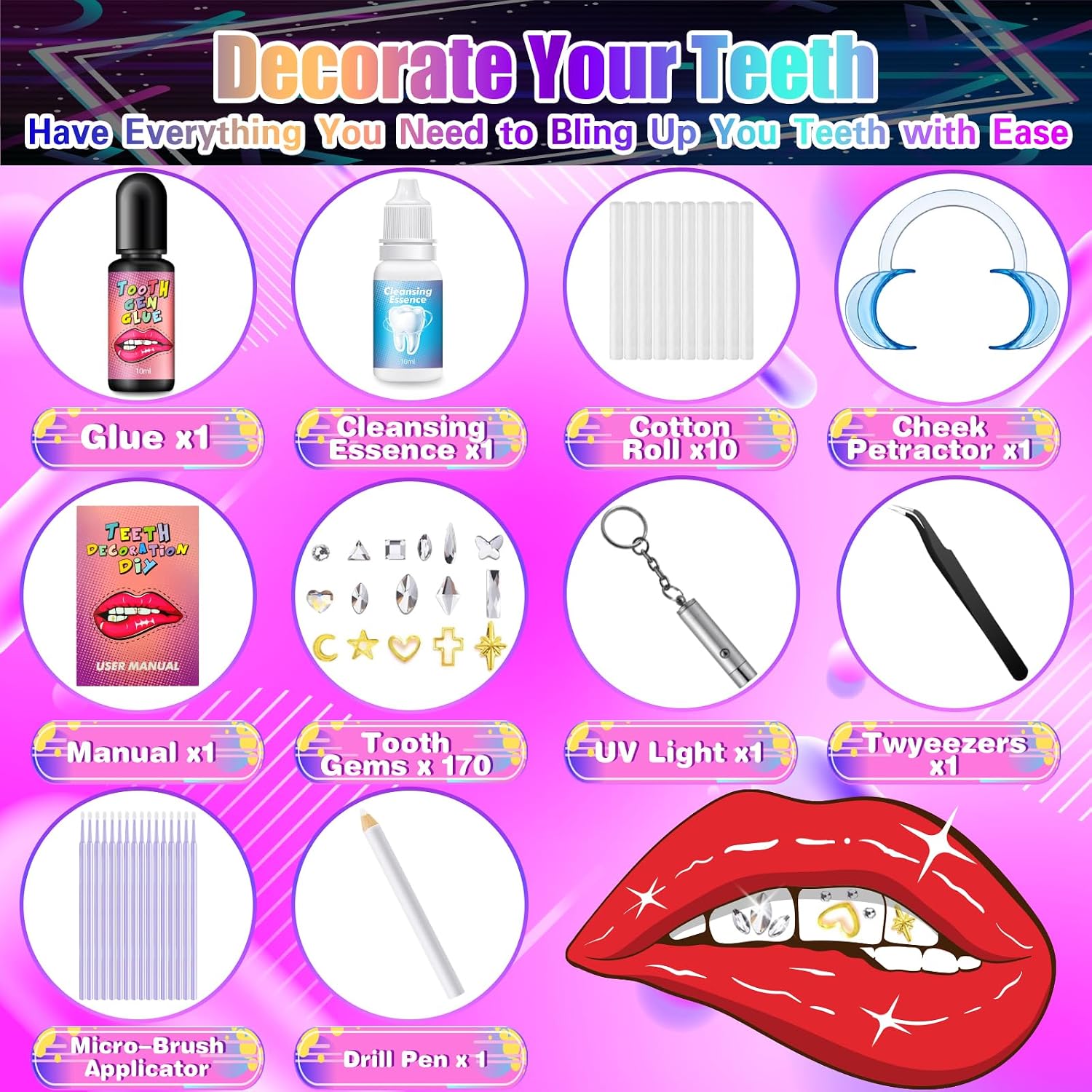 Bijou De Bijoux De Dent Strass Dentaire Kit Avec Colle, Générique Ensemble De Gemmes Dentaires
