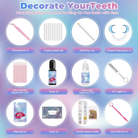 43pièces Kit Strass Dentaire, 435 Cristaux pour la Décoration des Dents Avec Colle, Kit Strass Dentaire Générique pour les Dents Bling