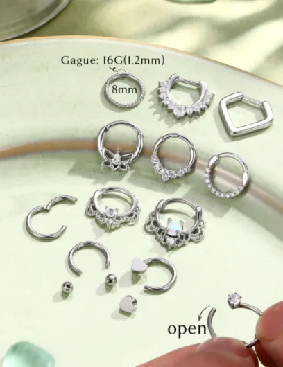JeweBella 12 Pièces Piercing Septum Acier Chirurgical 16G Piercing Nez Anneau pour Femme Fille Clicker Anneau Septum Piercing Helix Tragus Daith Boucles d'Oreilles Piercing Lèvre Nostril 8/10mm 8mm Septum Piercing