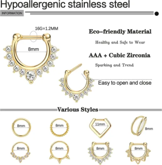 16Pcs Piercing Septum Acier Chirurgical Nez Anneaux Hoop Hoop CZ Lèvre Cartilage Helix Tragus Boucles d'oreilles Septum Clicker Piercing Bijoux, 16G, 8MM