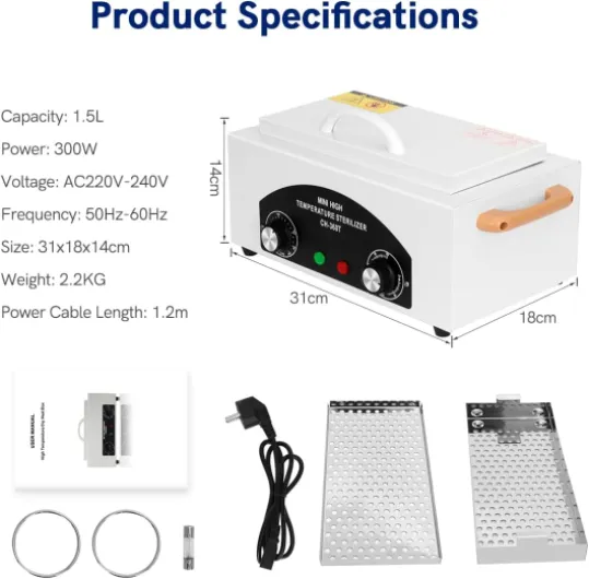 300W Stérilisateur à air chaud Désinfection, 220℃ de chaleur sèche haute température Stérilisateur, Petits stérilisateurs pour outils à ongles, outils cosmétiques, outils de coiffure