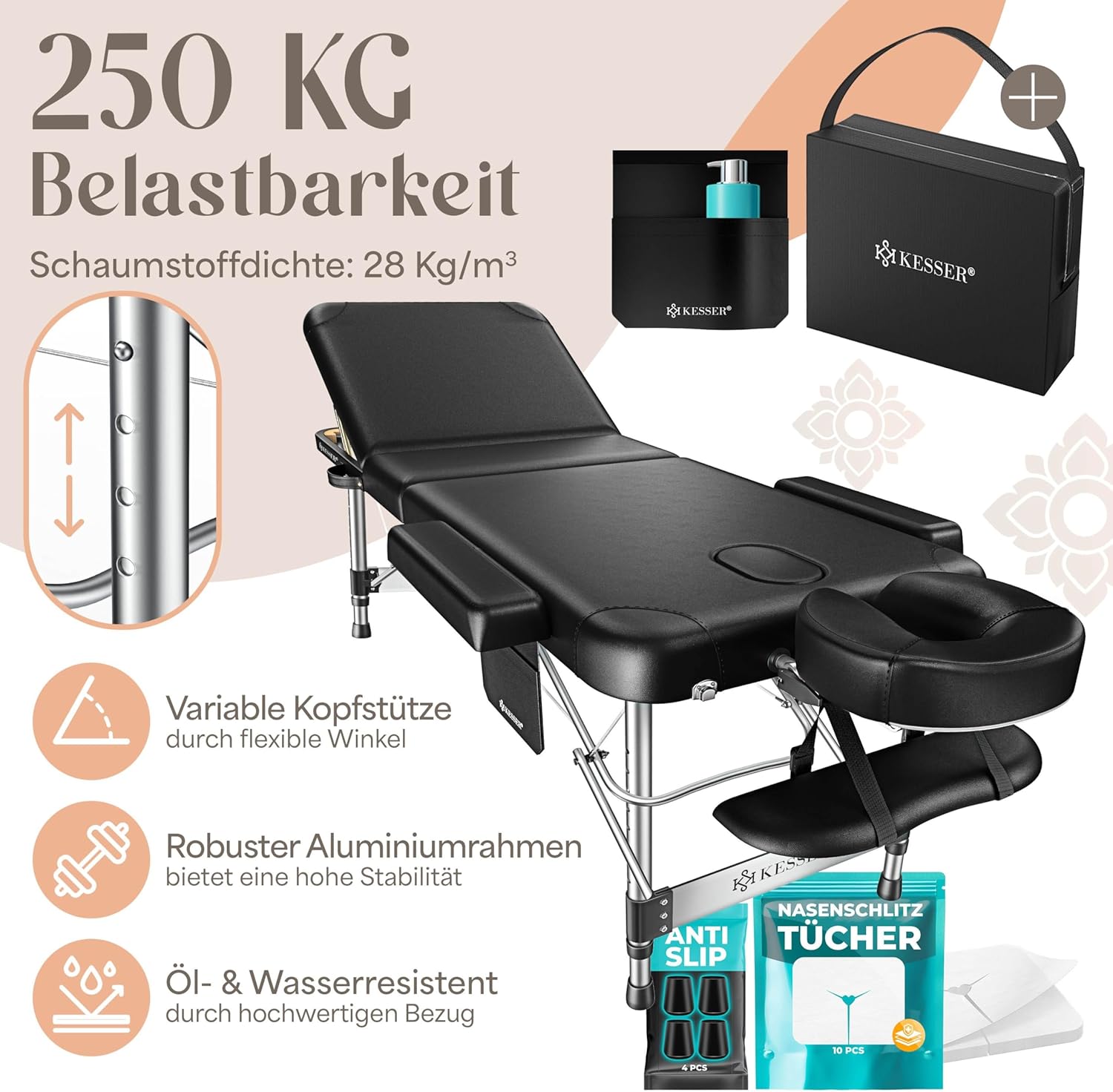 KESSER® Table de Massage Mobile Pliable & réglable en Hauteur 3 Zones Lit de Massage Table d'esthétique Large Table de thérapie Aluminium + 10x Support Visage avec Appui-tête
