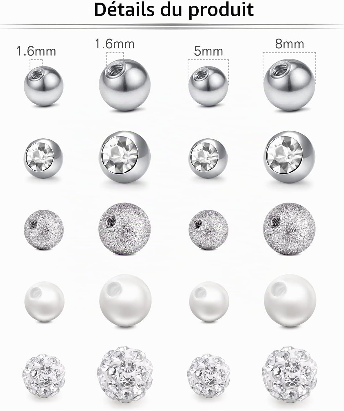 14G 16G Boule de Remplacement pour Les Piercings Boule de Piercings 3mm/5mm Acier Chirurgical et Acylique Pour Piercing Labret Studs/Piercing Téton Mamelon/Piercing Langue/Piercing Nombril A03：20 Pièces-14g(1.6mm)-5mm/8mm-argent