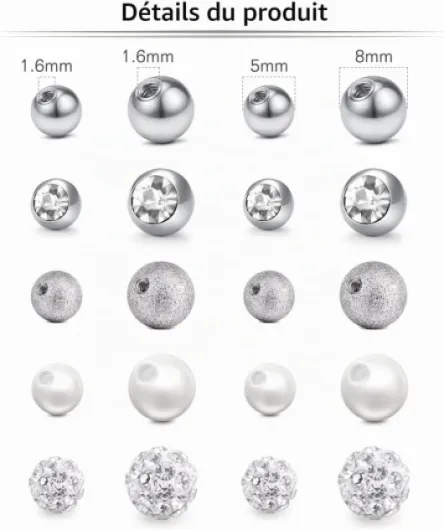14G 16G Boule de Remplacement pour Les Piercings Boule de Piercings 3mm/5mm Acier Chirurgical et Acylique Pour Piercing Labret Studs/Piercing Téton Mamelon/Piercing Langue/Piercing Nombril A03：20 Pièces-14g(1.6mm)-5mm/8mm-argent