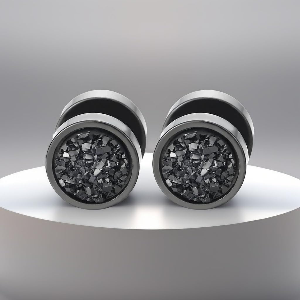 Homme Femme Acier Noir Cercle Boucles d'oreilles avec Bleu Briller - Bouchon Jauge Faux Cheater Fake Gauges Plugs Couleur métal: Noir; Couleur pierre: Noir