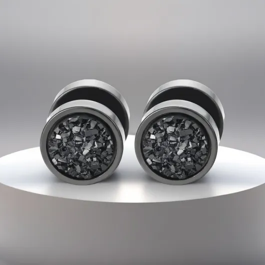 Homme Femme Acier Noir Cercle Boucles d'oreilles avec Bleu Briller - Bouchon Jauge Faux Cheater Fake Gauges Plugs Couleur métal: Noir; Couleur pierre: Noir