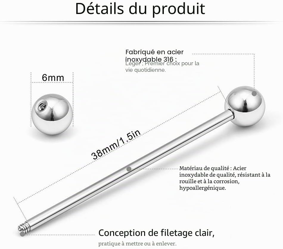 6pcs en acier chirurgical piercing industriel Barbell 14Gauge 35mm Cartilage oreille piercing bijoux