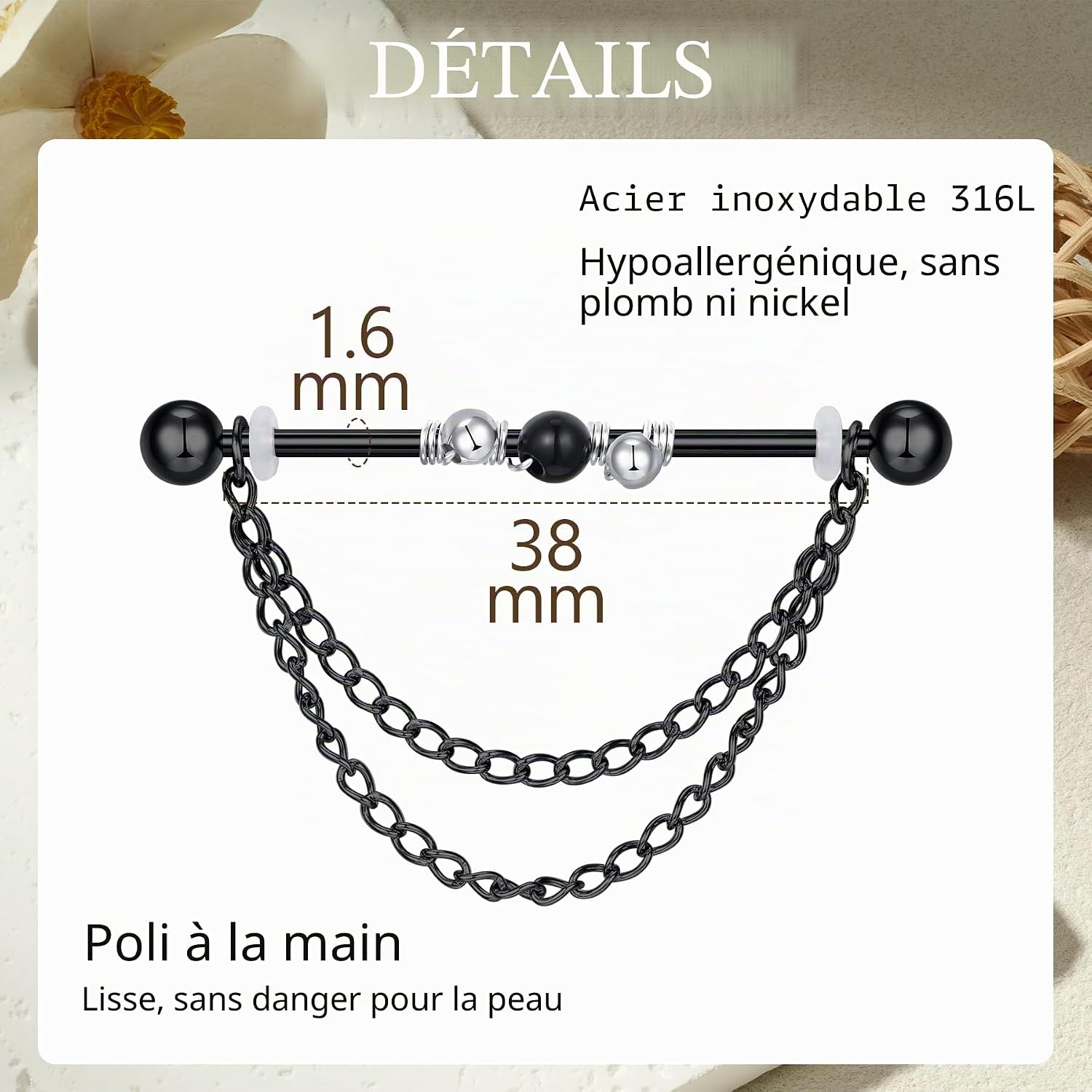 D.Bella Piercing Industriel Barbell Cartilage Hélice Daith Tragus Boucles d'oreilles Double Anneaux Septum Sourcil lèvre Medusa Piercing Stud 5 Pcs- Noir
