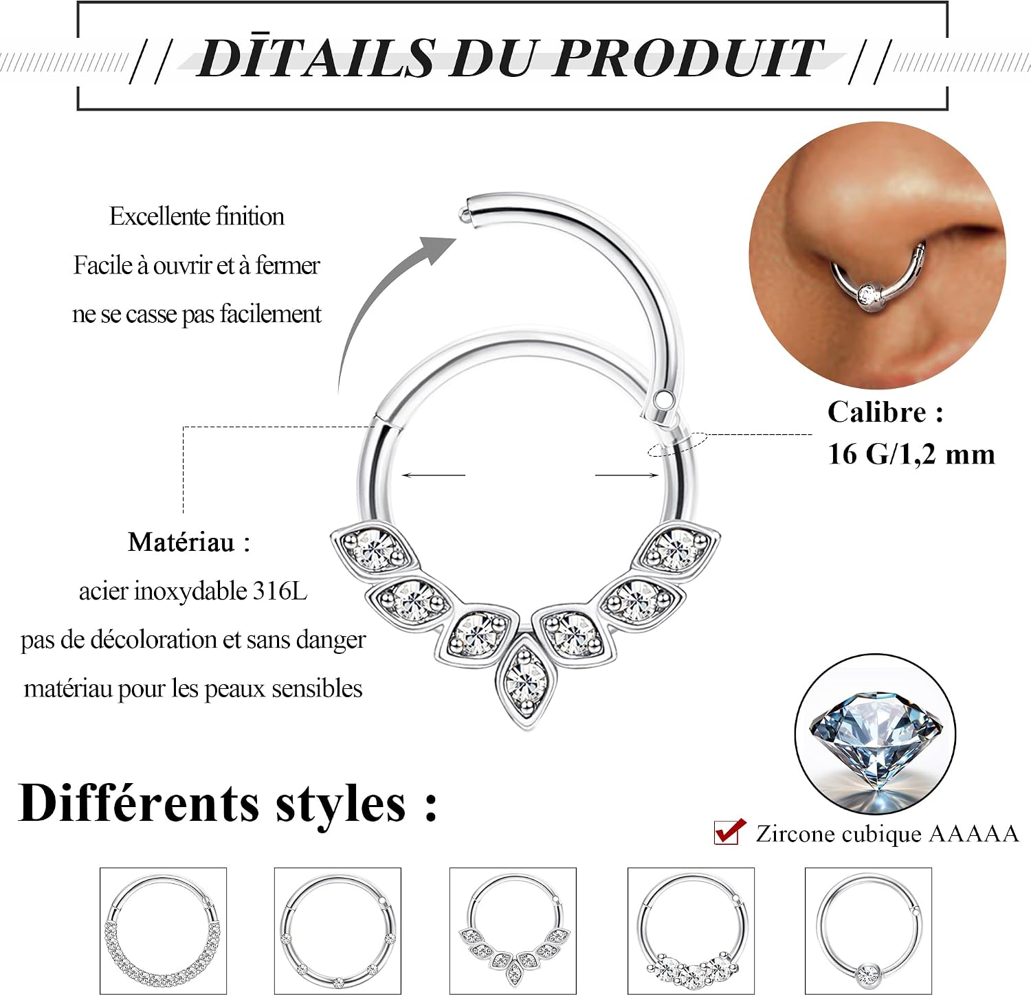 5 Pièces Anneau Nez Piercing en Acier Chirurgical Cerceau 16G, Bijoux de Piercing à Charnière en Zircone, Anneaux à Lèvres Septum Clicker, Piercing Hélix, Tragus, 8 mm Argenté