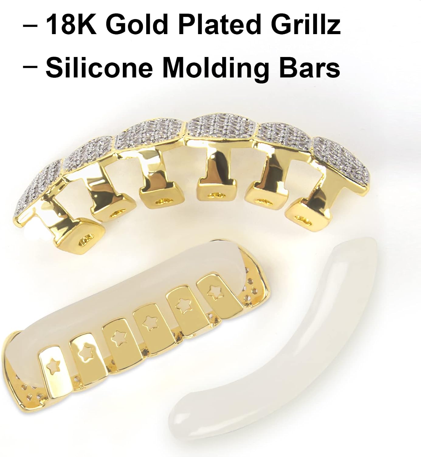 DUNCHATY Grillz en or diamant pour hommes et femmes – Grillz pour vos dents – Grillz plaqué or 18 carats – Grillz Hip Hop – Grillz pour dents en haut et en bas – Grillz pour les enfants avec barres de doré
