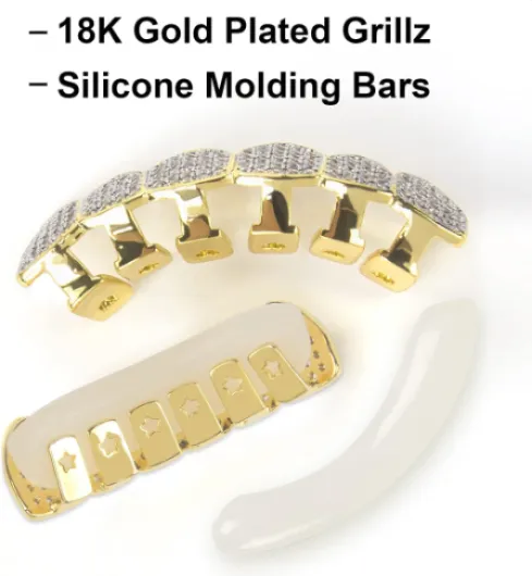 DUNCHATY Grillz en or diamant pour hommes et femmes – Grillz pour vos dents – Grillz plaqué or 18 carats – Grillz Hip Hop – Grillz pour dents en haut et en bas – Grillz pour les enfants avec barres de doré