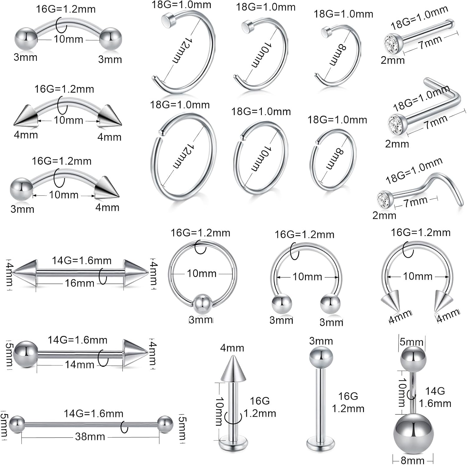 100pcs Piercing Kit pour tous les Piercings, 12G 14G 16G Piercing Aiguille Septum Nombril Lèvre Langue Cartilage Oreille Tragus Helix Piercing Bijoux Clip Toolkit pour les Femmes 100pcs Piercing Kit Silver
