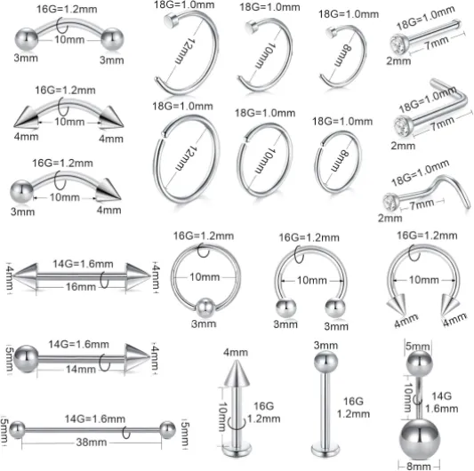 100pcs Piercing Kit pour tous les Piercings, 12G 14G 16G Piercing Aiguille Septum Nombril Lèvre Langue Cartilage Oreille Tragus Helix Piercing Bijoux Clip Toolkit pour les Femmes 100pcs Piercing Kit Silver